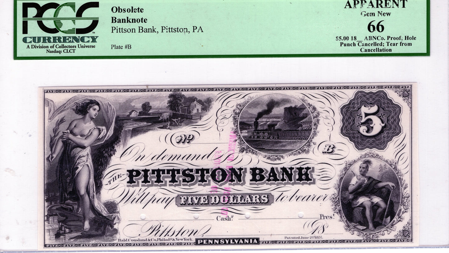 $5.00 18xx Pittson Bank PA Obsolete Note Proof Gem New 66 PCGS
