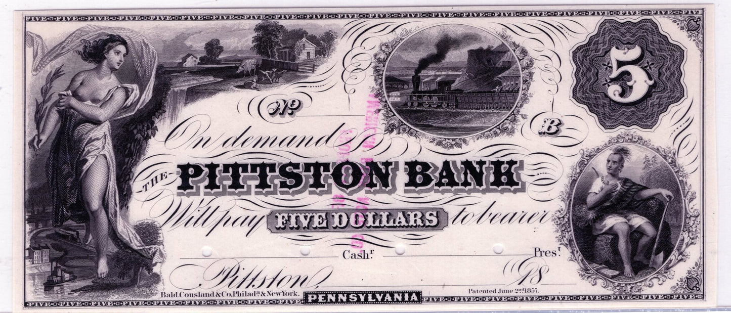 $5.00 18xx Pittson Bank PA Obsolete Note Proof Gem New 66 PCGS