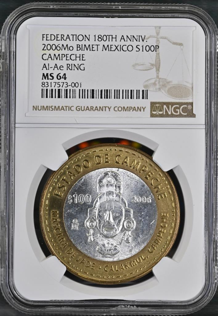 2006 Mo Mexico 180 Anniv Bimetal Campeche 100 Peso MS64 NGC KM# 760