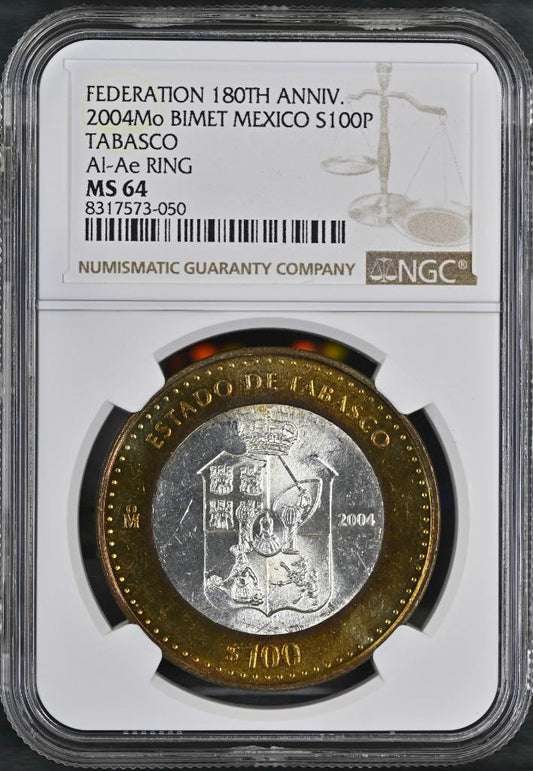 2004 Mo Mexico 180th Ann. Bimetal, Tabasco, 100 Peso MS64 NGC KM# 855