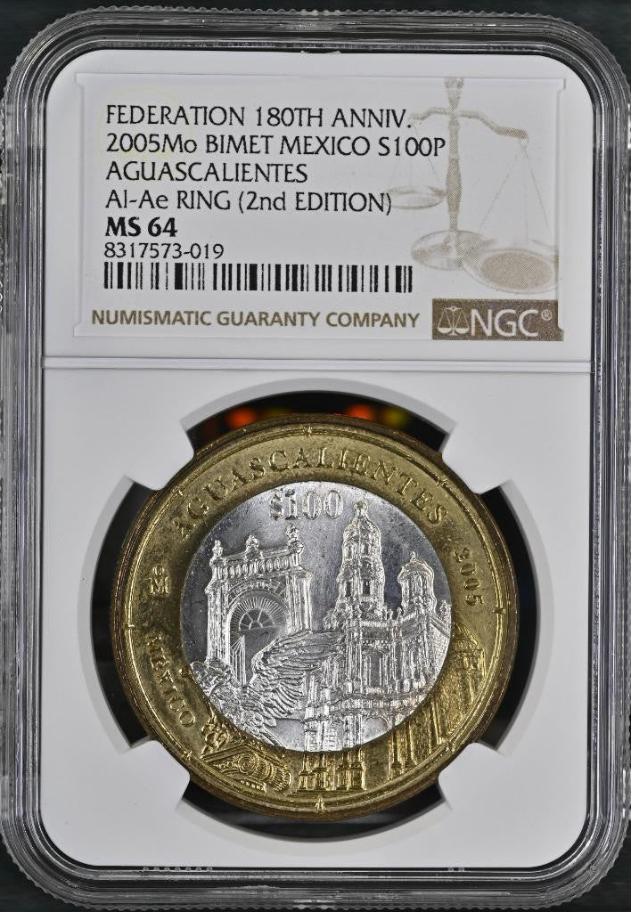 2005 Mo Mexico 180th Anniv Bimetal Aguascalientes, 100 Peso 2nd MS64 NGC KM# 719