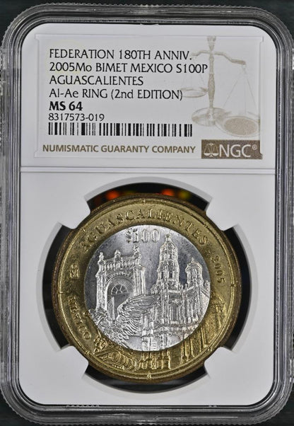 2005 Mo Mexico 180th Anniv Bimetal Aguascalientes, 100 Peso 2nd MS64 NGC KM# 719