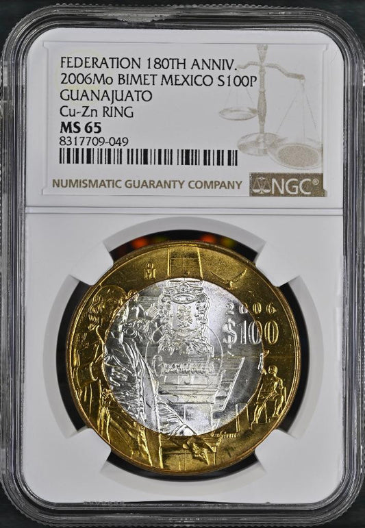 2006 Mo Mexico 180th Ann. Bimetal, Guanajuato, 100 Peso MS65 NGC KM# 789