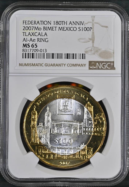 2007 Mo Mexico 180th Ann. Bimetal, Tlaxcala, 100 Peso MS65 NGC KM# 858