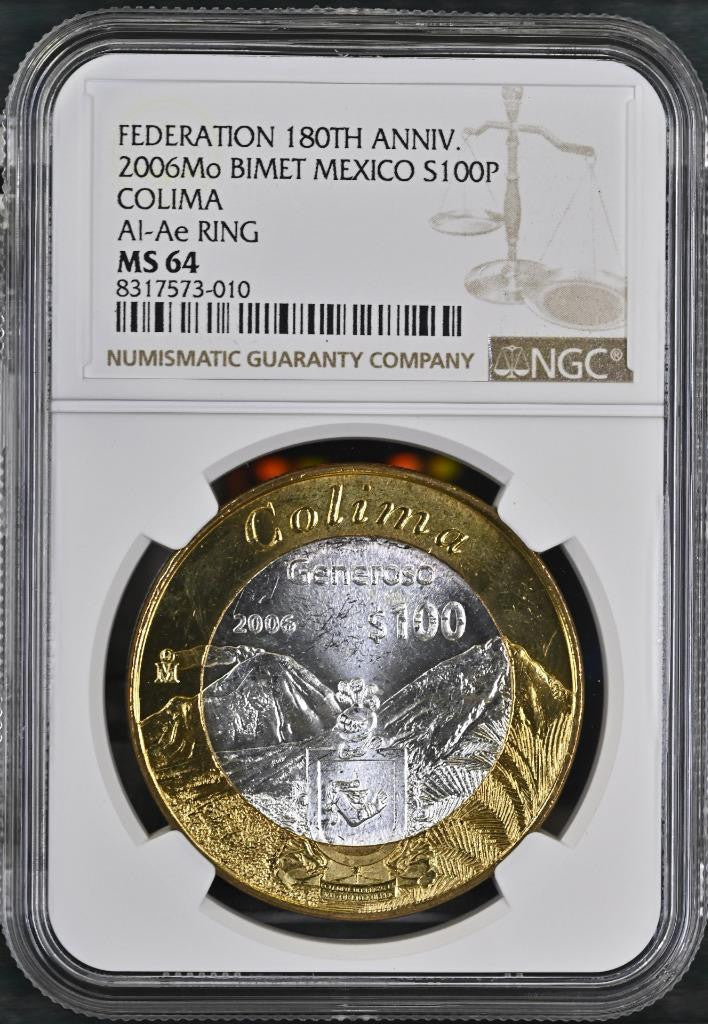 2006 Mo Mexico Federation 180th Anniv Bimetal Colima 100 Peso MS64 NGC KM# 777
