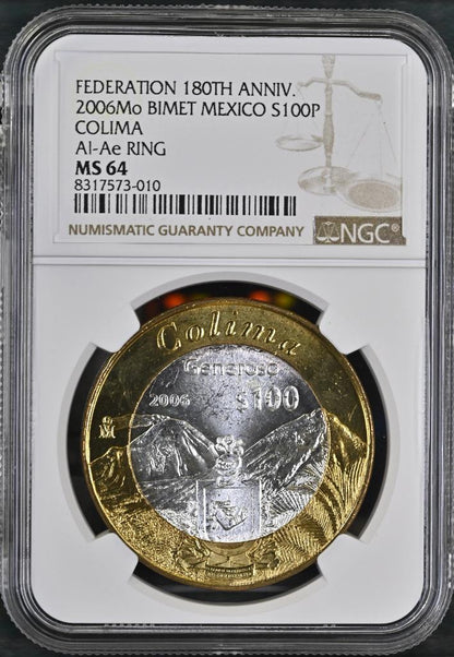 2006 Mo Mexico Federation 180th Anniv Bimetal Colima 100 Peso MS64 NGC KM# 777