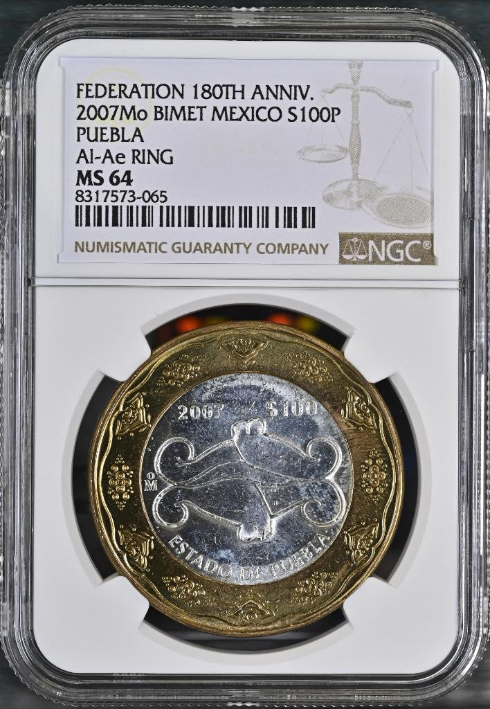 2007 Mo Mexico 180th Ann. Bimetal, Puebla, 100 Peso MS64 NGC KM# 850