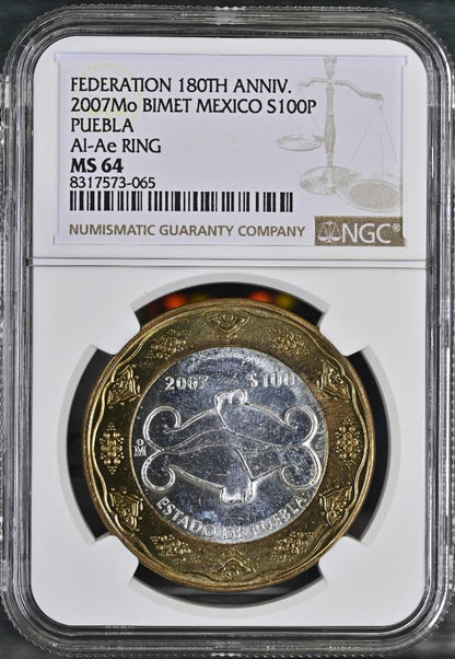2007 Mo Mexico 180th Ann. Bimetal, Puebla, 100 Peso MS64 NGC KM# 850