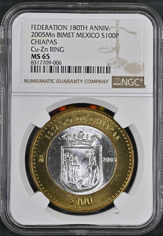 2005 Mo Mexico Federation 180th Anniv Bimetal Chiapas 100 Peso MS65 NGC KM# 712