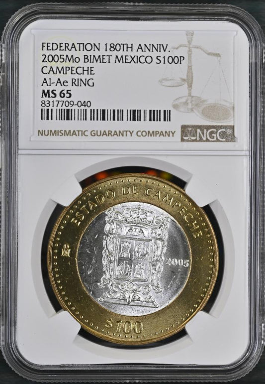 2005 Mo Mexico 180th Anniv Bimetal Campeche 100 Peso MS65 NGC KM# 727