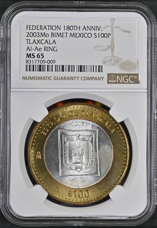 2004 Mo Mexico 180th Ann. Bimetal, Tlaxcala, 100 Peso MS65 NGC KM# 691