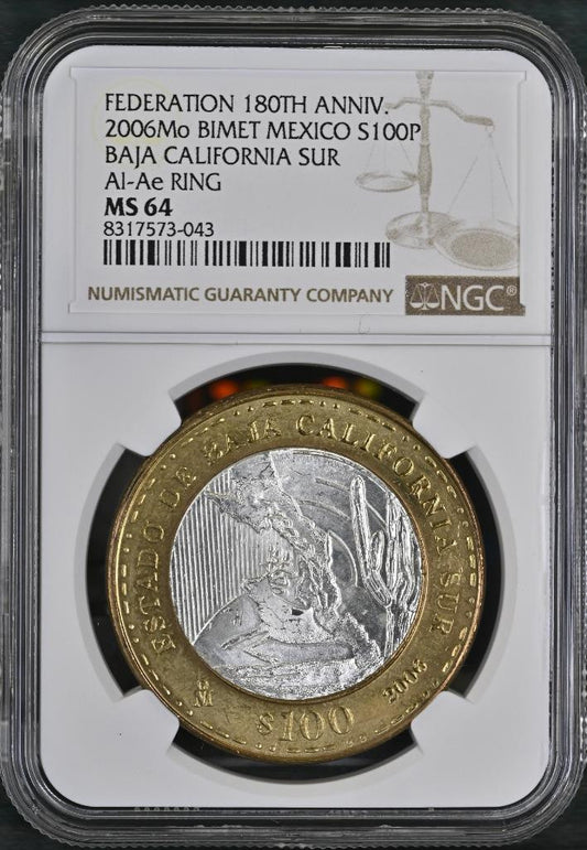 2006 Mo Mexico 180 Ann Bimetal Baja California Sur 2nd 100 Peso MS64 NGC KM# 762