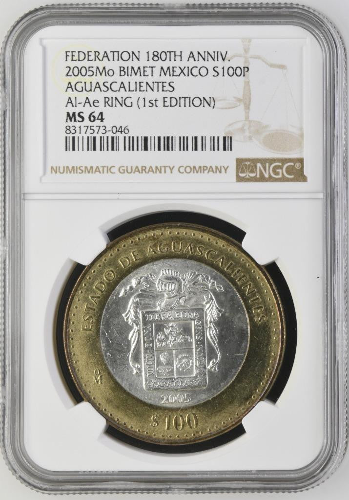 2005 Mo Mexico 180th Anniv Bimetal Aguascalientes 1st 100 Peso MS64 NGC KM# 721