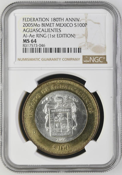 2005 Mo Mexico 180th Anniv Bimetal Aguascalientes 1st 100 Peso MS64 NGC KM# 721