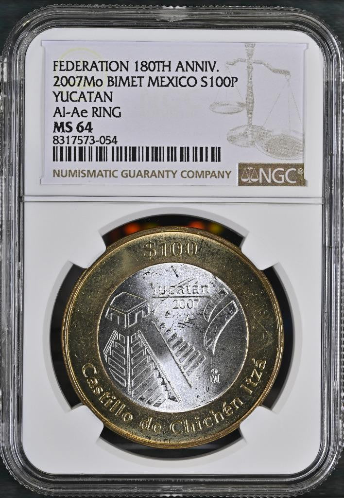 2007 Mo Mexico 180th Ann. Bimetal, Yucatan, 100 Peso MS64 NGC KM# 860