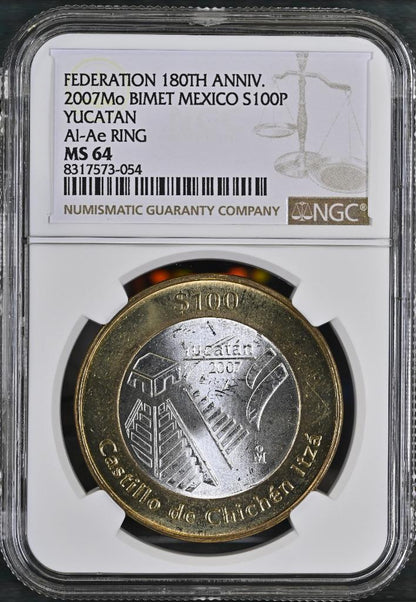 2007 Mo Mexico 180th Ann. Bimetal, Yucatan, 100 Peso MS64 NGC KM# 860