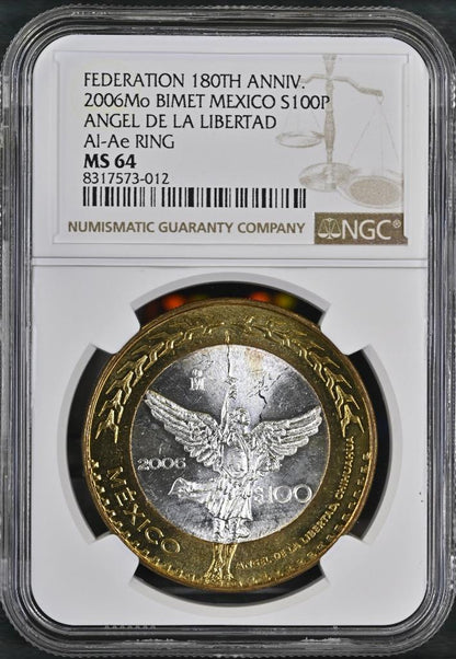 2006 Mo Mexico 180 Anniv Bimetal Angel de la Libertad, 100 Peso MS64 NGC KM# 775
