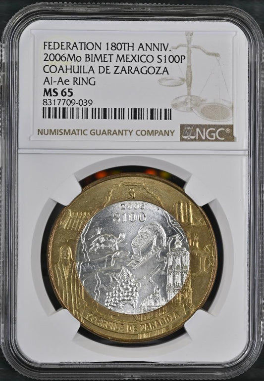 2006 Mo Mexico 180 Anniv Bimetal Coahuila de Zaragoza, 100 Peso MS65 NGC KM# 781