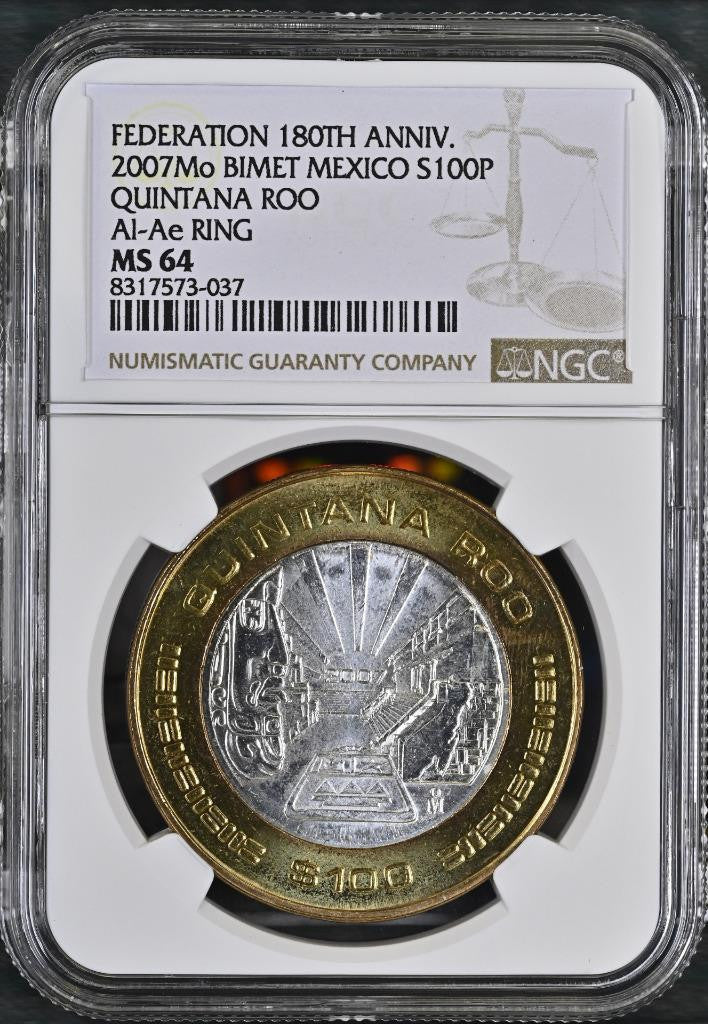2007 Mo Mexico 180th Ann. Bimetal, Quintana Roo, 100 Peso MS64 NGC KM# 851