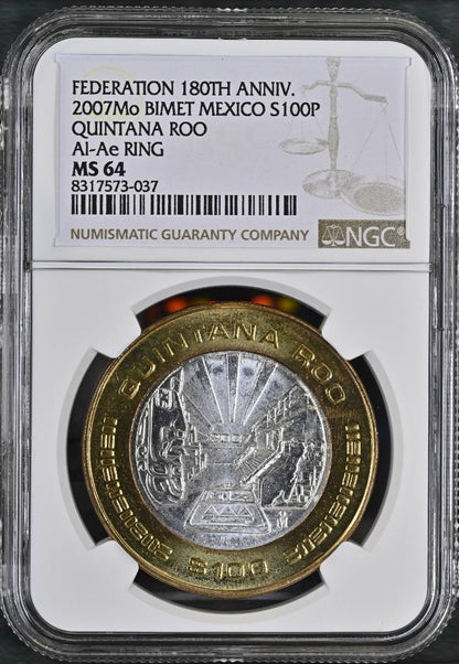 2007 Mo Mexico 180th Ann. Bimetal, Quintana Roo, 100 Peso MS64 NGC KM# 851