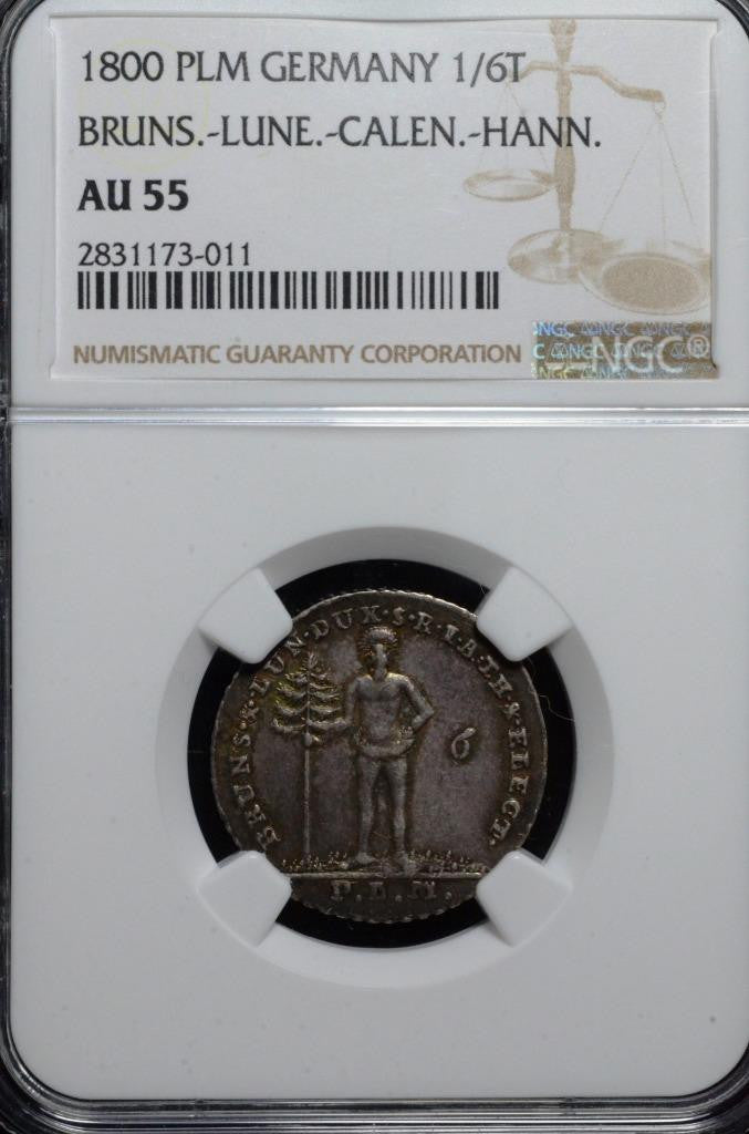1800 PLM, German States, Bruns-Lune-Calen-Hann, 1/6 Thaler, AU 55, KM 401, NGC