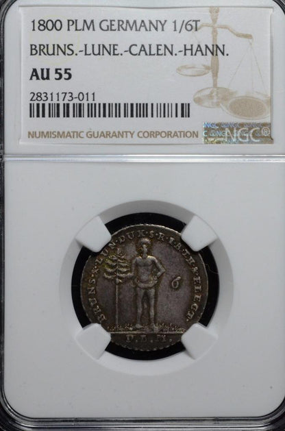 1800 PLM, German States, Bruns-Lune-Calen-Hann, 1/6 Thaler, AU 55, KM 401, NGC