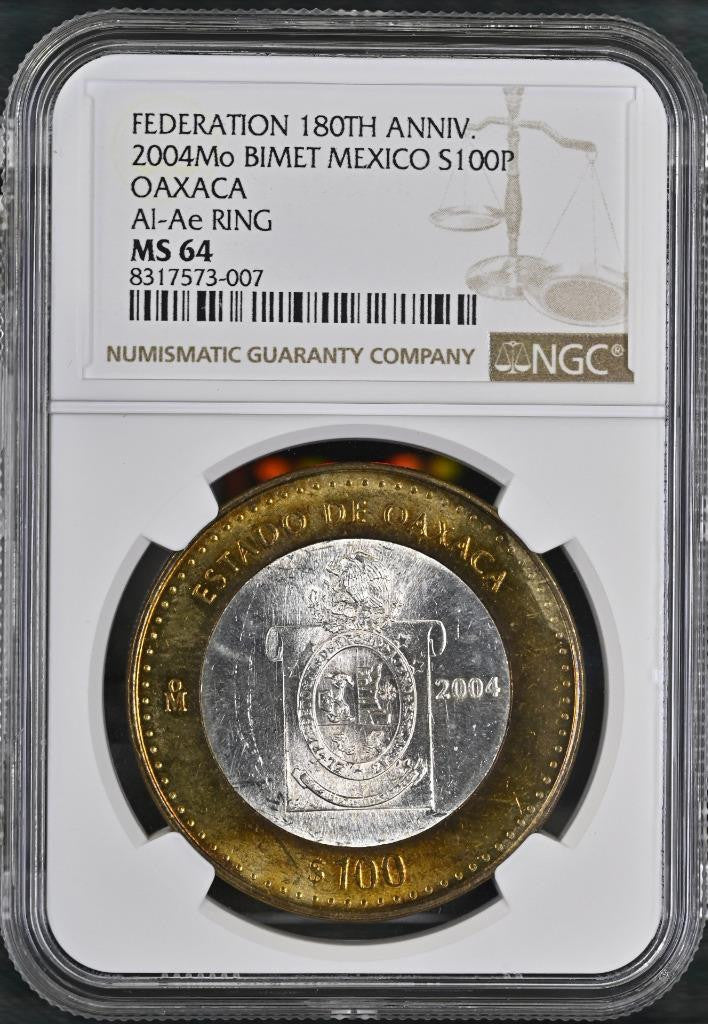 2004 Mo Mexico 180th Ann. Bimetal, Oaxaca, 100 Peso MS64 NGC KM# 740