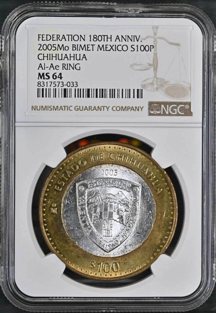2005 Mo Mexico Federation 180th Anniv Bimetal Chihuahu 100 Peso MS64 NGC KM# 754