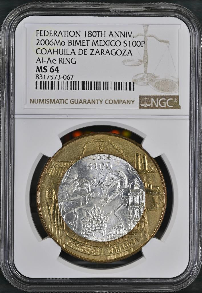 2006 Mo Mexico 180 Anniv Bimetal Coahuila de Zaragoza, 100 Peso MS64 NGC KM# 781