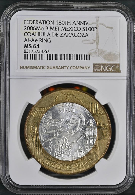 2006 Mo Mexico 180 Anniv Bimetal Coahuila de Zaragoza, 100 Peso MS64 NGC KM# 781