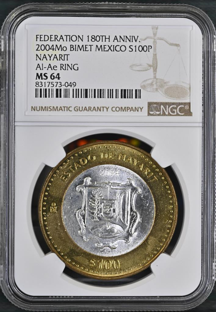 2004 Mo Mexico 180 Ann. Bimetal, Nayarit, 1st Edition, 100 Peso MS64 NGC KM# 744
