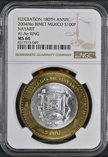 2004 Mo Mexico 180 Ann. Bimetal, Nayarit, 1st Edition, 100 Peso MS64 NGC KM# 744