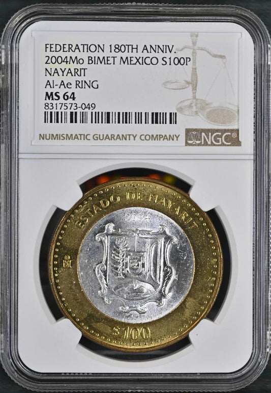 2004 Mo Mexico 180 Ann. Bimetal, Nayarit, 1st Edition, 100 Peso MS64 NGC KM# 744