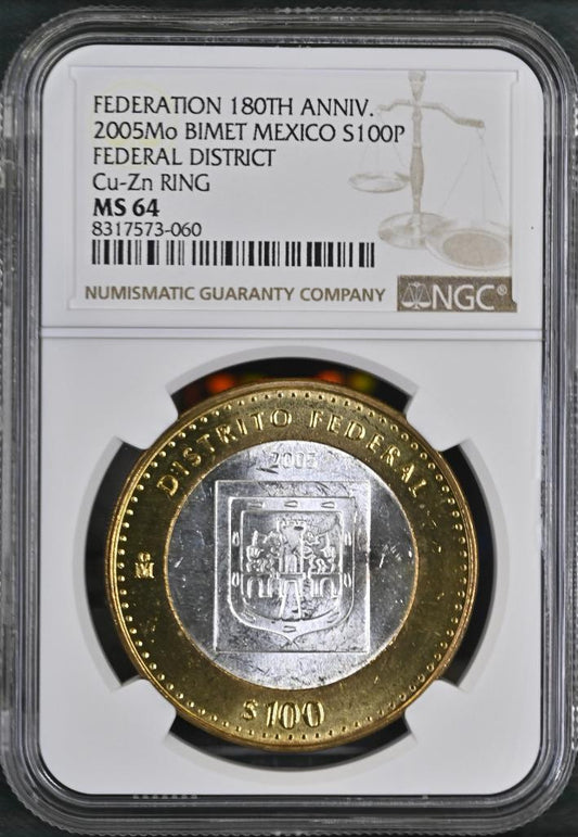 2005 Mo Mexico Fed 180th Ann Bimetal Federal District, 100 Peso MS64 NGC KM# 713