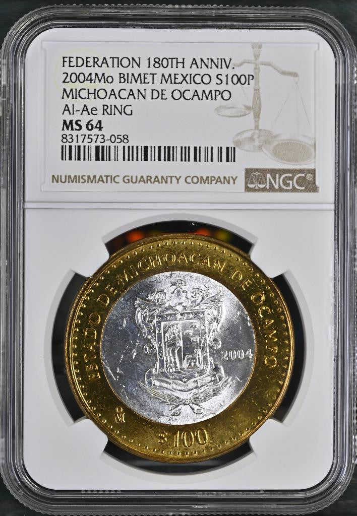 2004 Mo Mexico 180th Ann Bimetal, Michoacan de Ocamo, 100 Peso MS64 NGC KM# 804