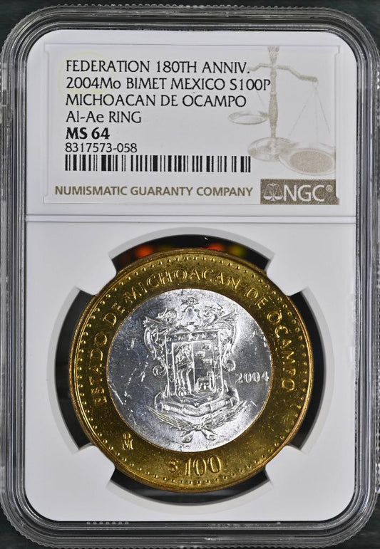 2004 Mo Mexico 180th Ann Bimetal, Michoacan de Ocamo, 100 Peso MS64 NGC KM# 804