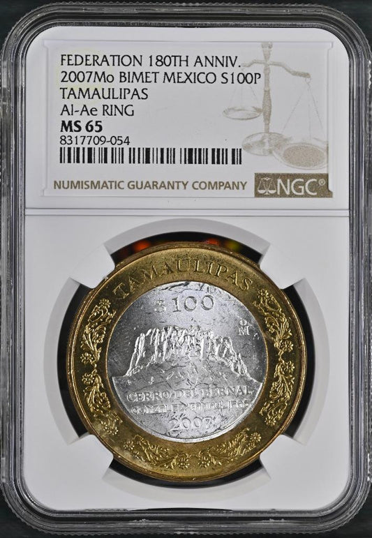 2007 Mo Mexico 180th Ann. Bimetal, Tamaulipas, 100 Peso MS65 NGC KM# 857